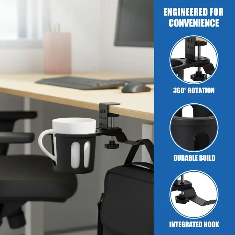 2 In 1 Universal Desk Cup Holder Adjustable Upgraded Arm Clamp Stand 360 Degree Rotating Table Edge Clamp Anti-Fall Cup Holder