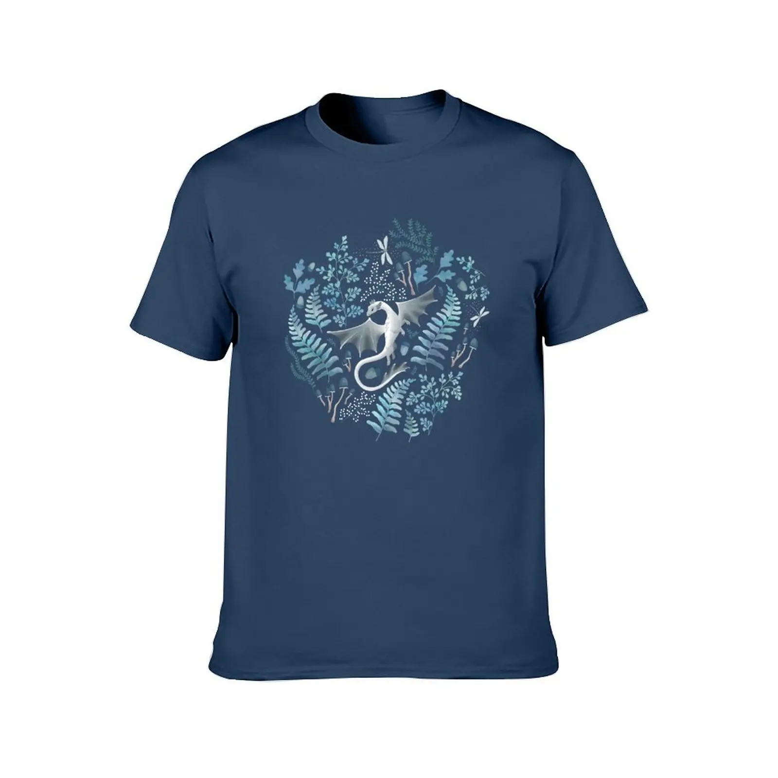 Forest dragons in shades of blue and green on navy blue T-Shirt anime tshirt sublime oversized t shirt men