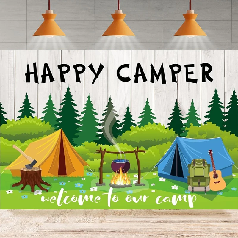 Photography Backdrop Camping Happy Birthday Camper Outdoor Indoor Campfire Gatherings Background Home Party Backdrop Wall Banner