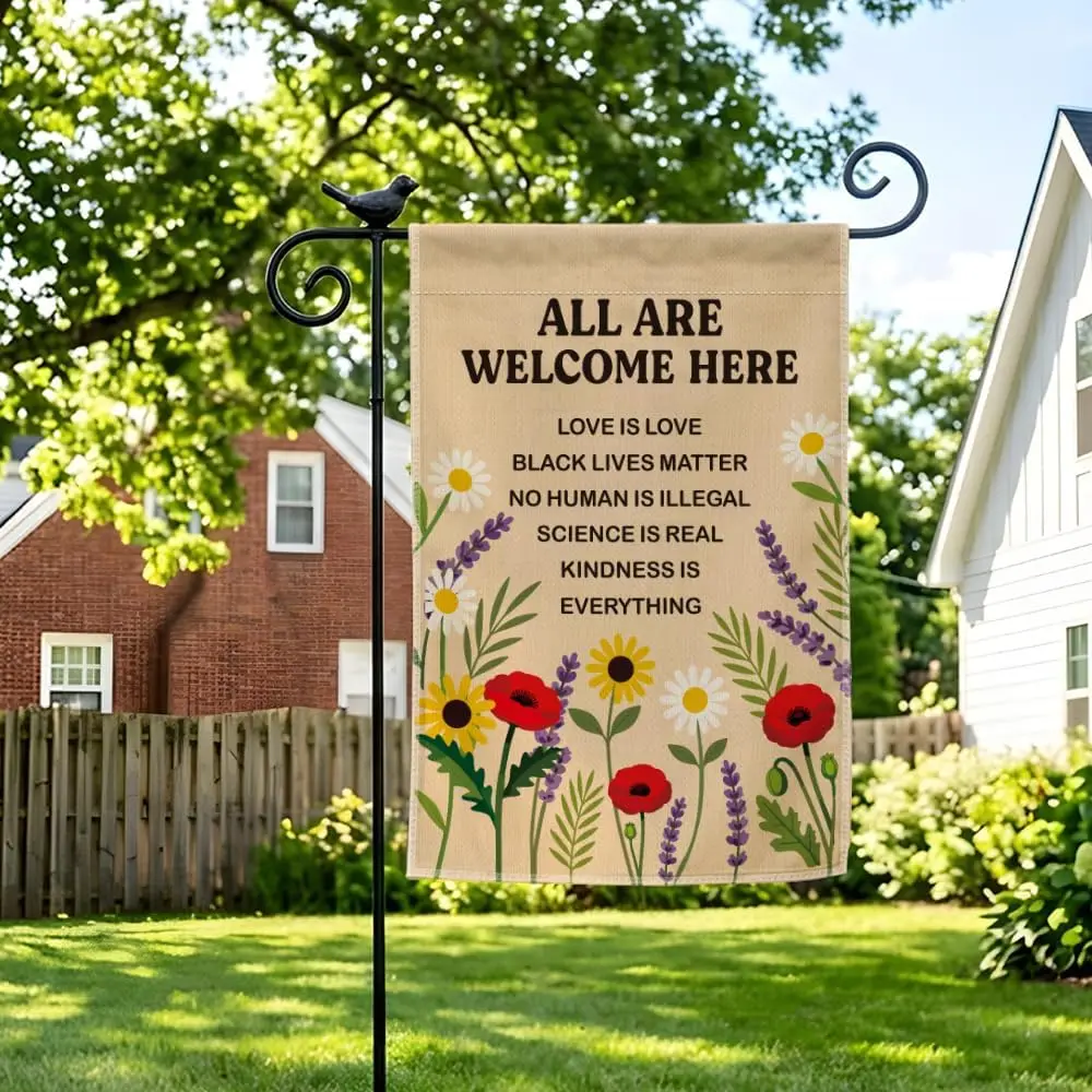 All Are Welcome Here Garden Flag, Double-Sided Floral Protect Immigrants Flag for Outdoor, Farmhouse be Kind Inclusive Yard  kkz