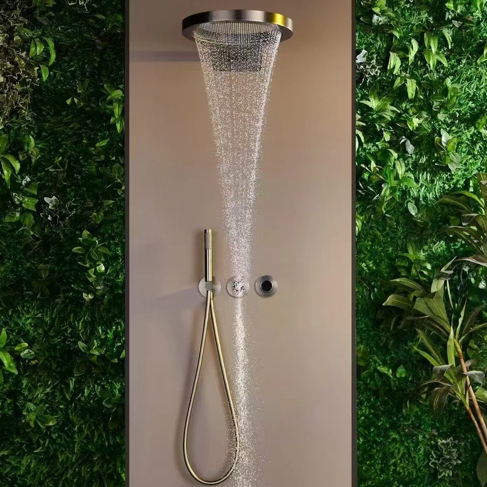 Modern Premium Wall Mount Concealed Rainfall Shower System, Stainless Steel Round Double Handle Shower Faucet Set for Home Hotel