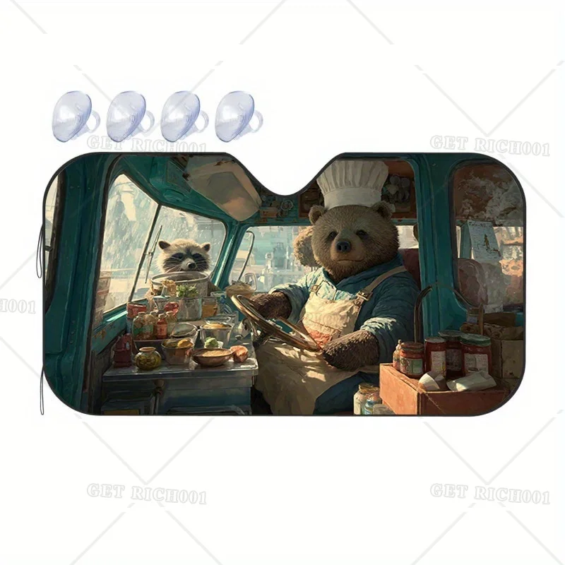 

Шеф-кухар Медведь Food Truck Sunsha Cute Chef Bear Driving Vintage Truck Design, козырек на лобовое стекло с защитой от ультрафиолета, передний щиток автомобиля