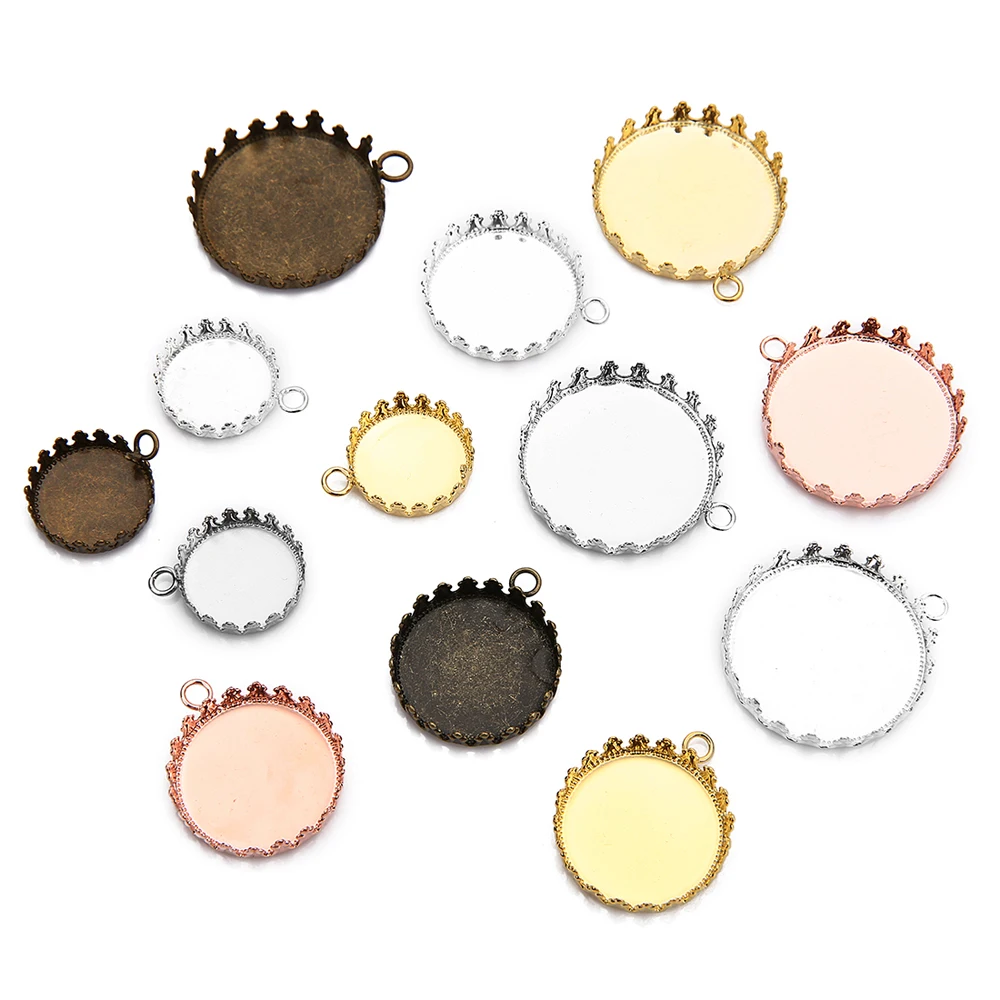10 sztuk/partia miedziana podstawa Cabochon taca Charms okrągła korona Bezels puste ustawienie wisiorek dla DIY tworzenia biżuterii akcesoria naszyjnikowe