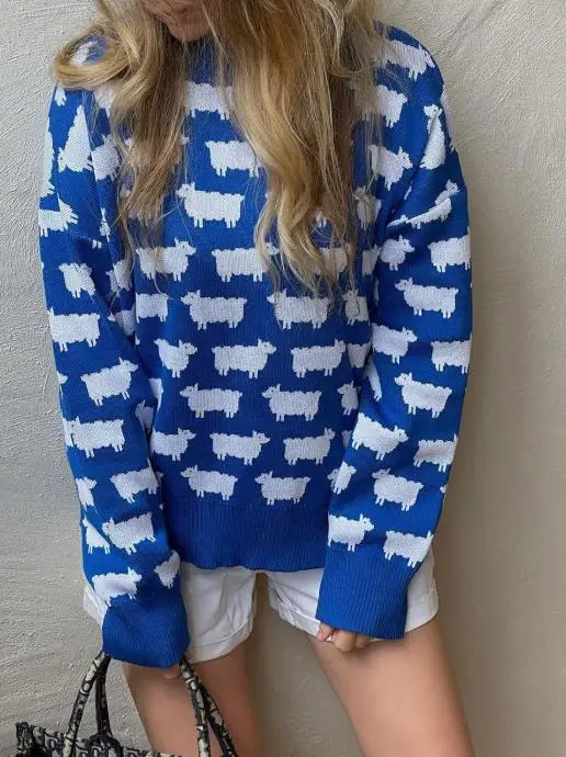 

Autumn and Winter Round Neck Alpaca Printed Sweater, Fashionable, Cute, Loose Fitting, Long Sleeved Knitted Sweater for Girls