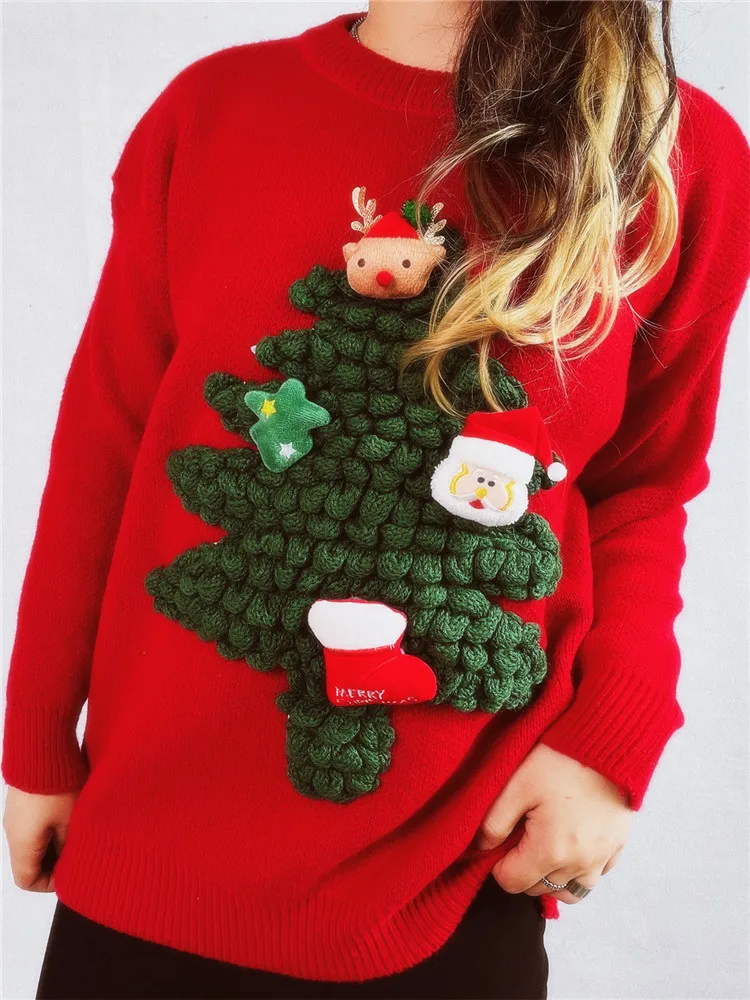 3d Funny Merry Christmas Sweater with Tree Velvet O Neck Pullover Stitch Jumper Red Sweaters for Women New Year Tops Xmas Jeresy