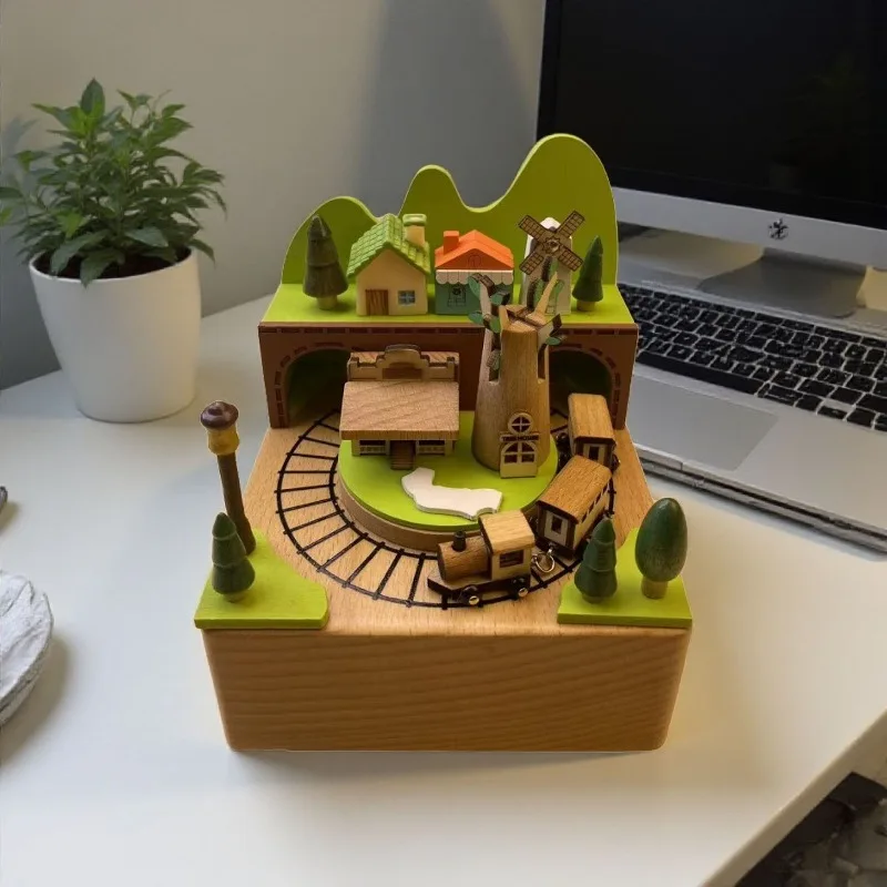 Wooden Desktop Music Box Creative Birthday Gift Music Box Handicraft Rotating Small Train Home Accessories Home Decor