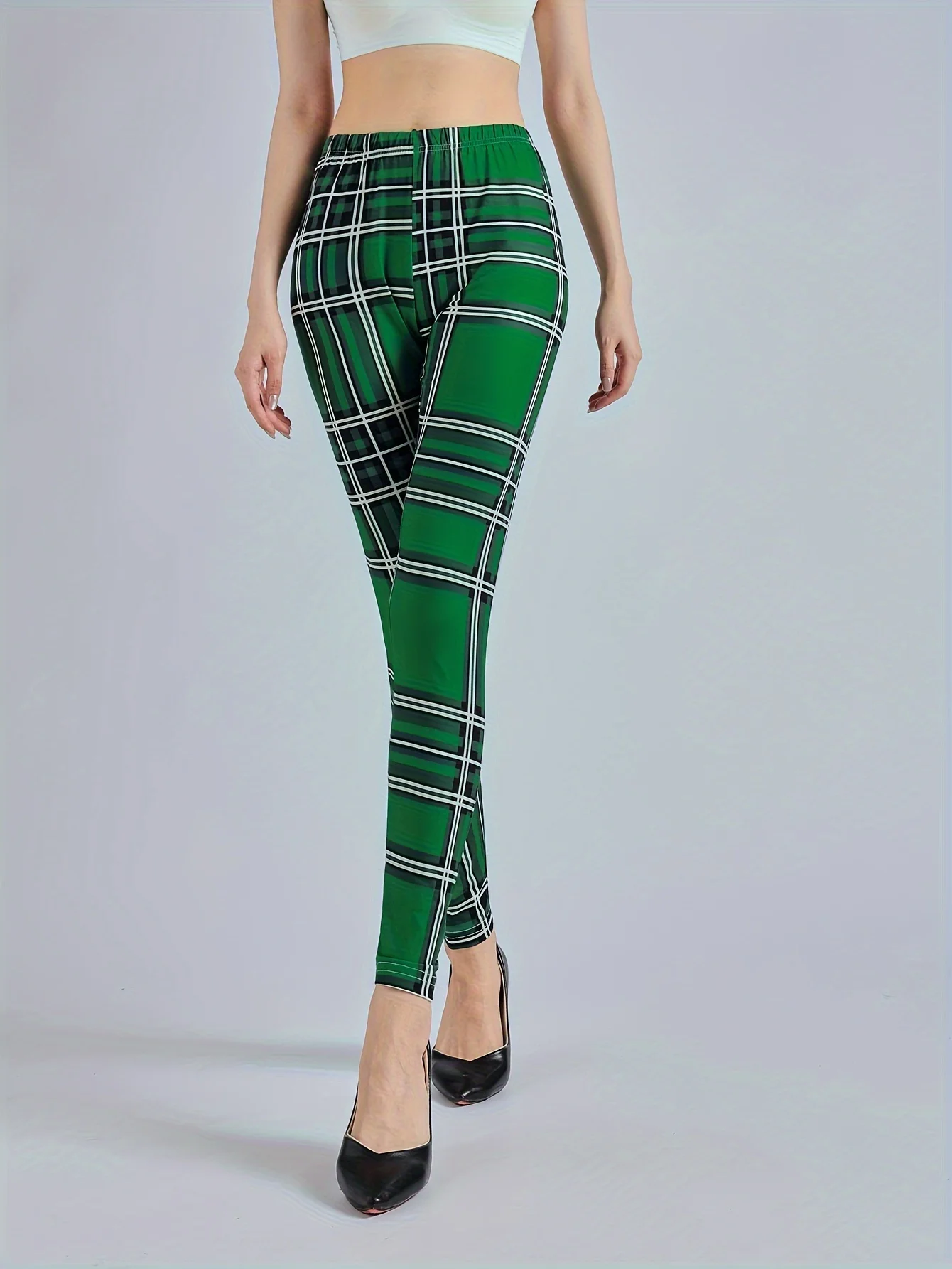 Women\'s Green Checkered Printed Leggings High Waisted And High Elastic Leggings Casual Pencil Pants Tight Pants