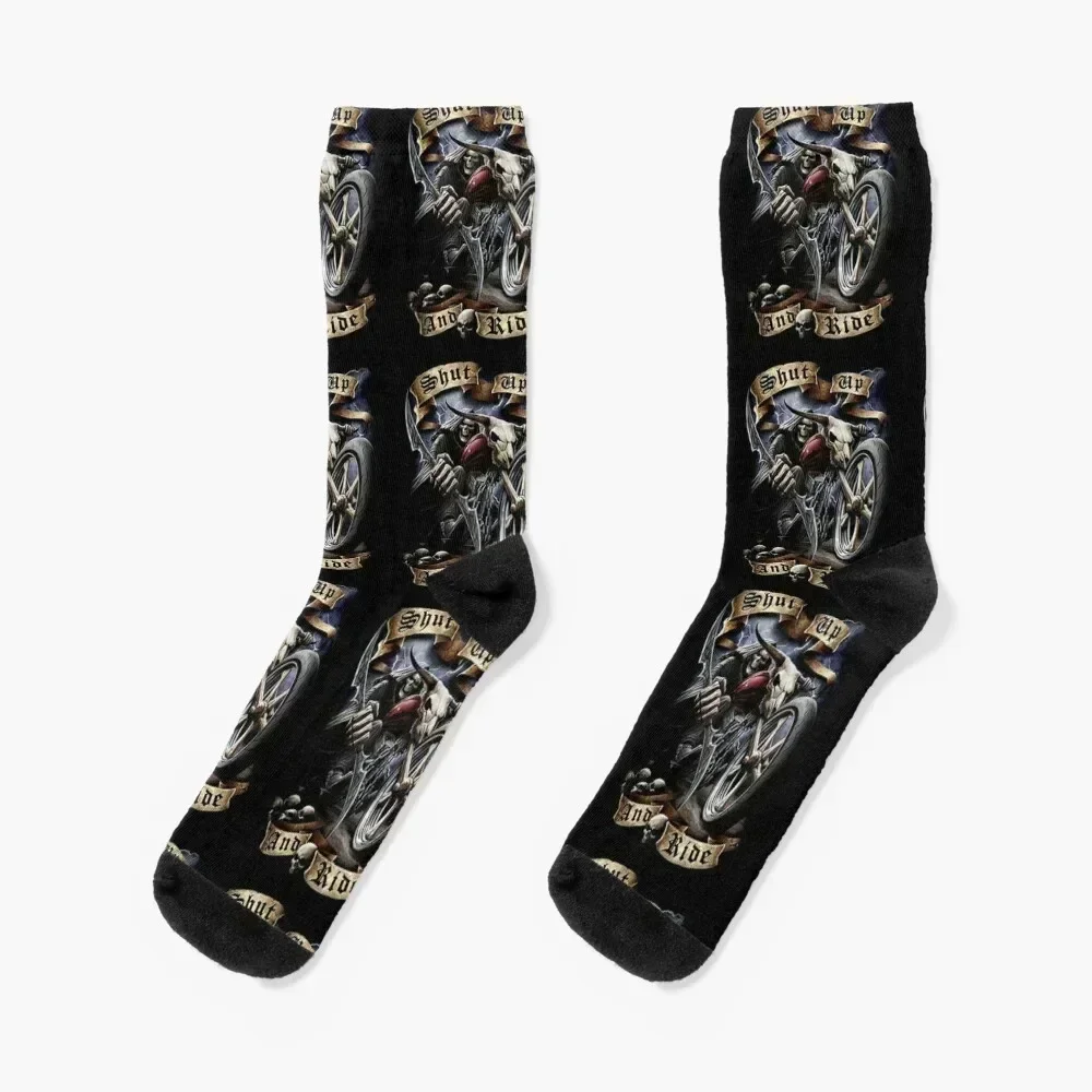 

Shut up and ride. Reaper Riding a motorcycle Socks Stockings new year football halloween Men's Socks Luxury Women's
