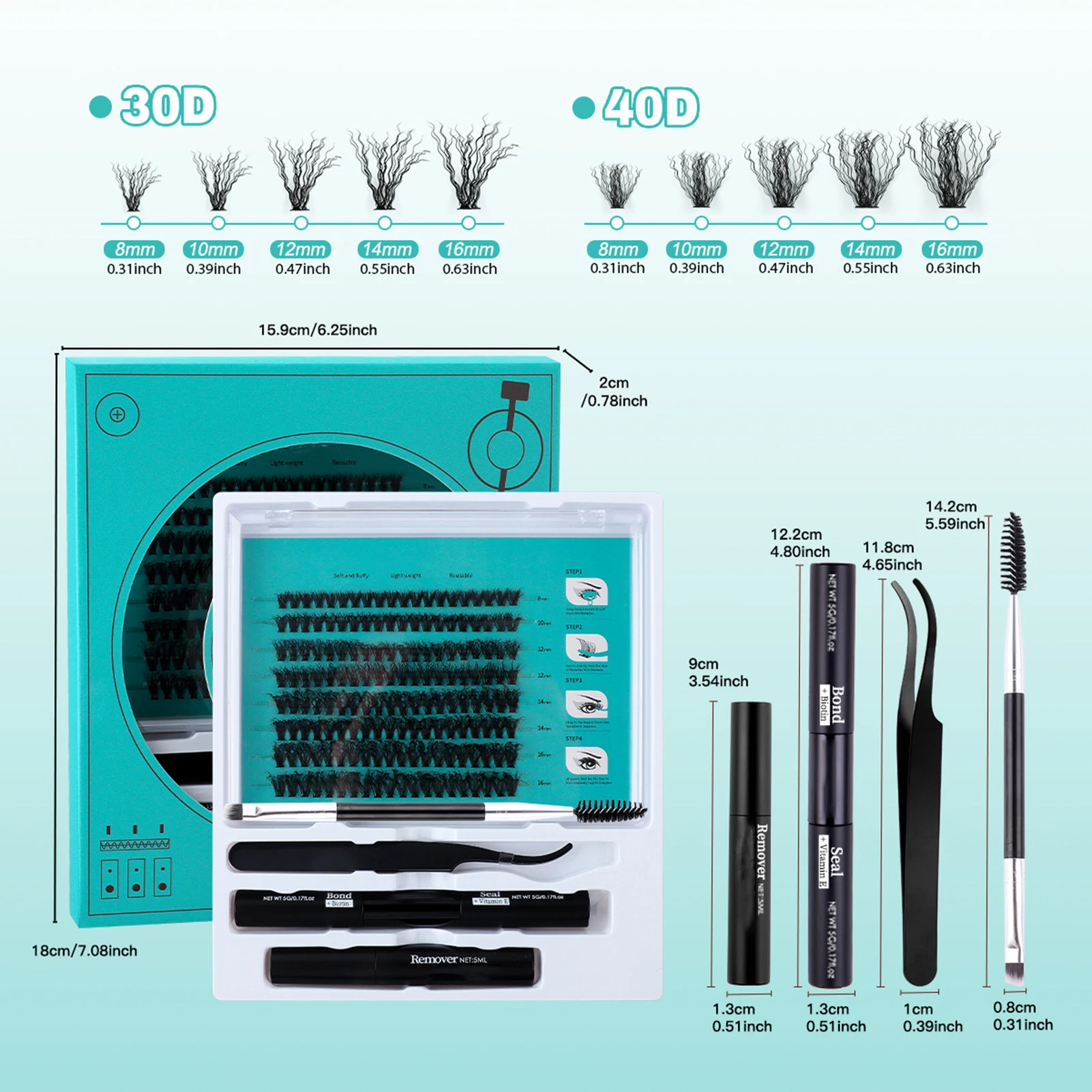 다층 두꺼운 인조 속눈썹, 내추럴 룩 인조 속눈썹, 본드 및 도장, 속눈썹 트위저, 속눈썹 클러스터 키트