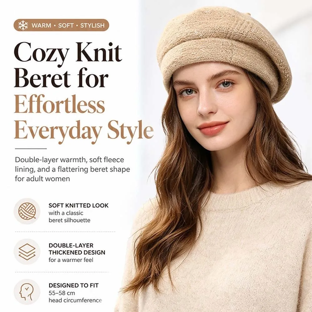 Fleece Lined Knit Beret Hat Elastic Thickened Winter Woolen Beanie Solid Color Breathable Thick Warm Bonnet Women