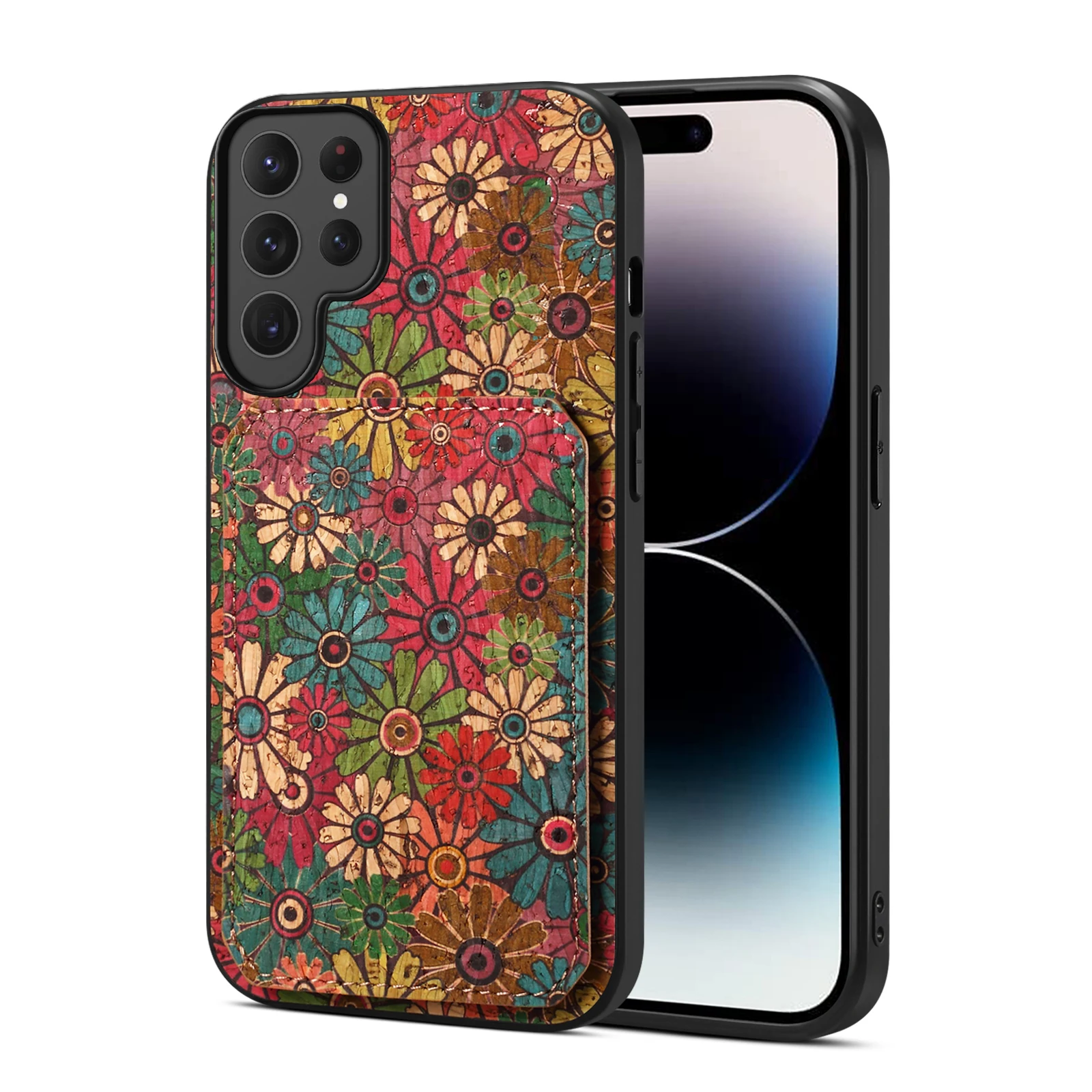 Denior Boho Floral Cork Wood Phone Cover Suitable for Samsung Galaxy S26 With Hidden Card Pocket Foldable Stand Shockproof Case