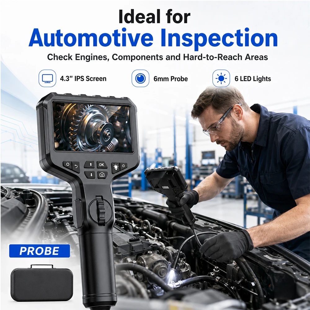 Industrial HD Endoscope Camera, 6mm Diameter Probe 36MM 4.3Inch Display for Diesel Engine, Pipeline and Aviation Inspection