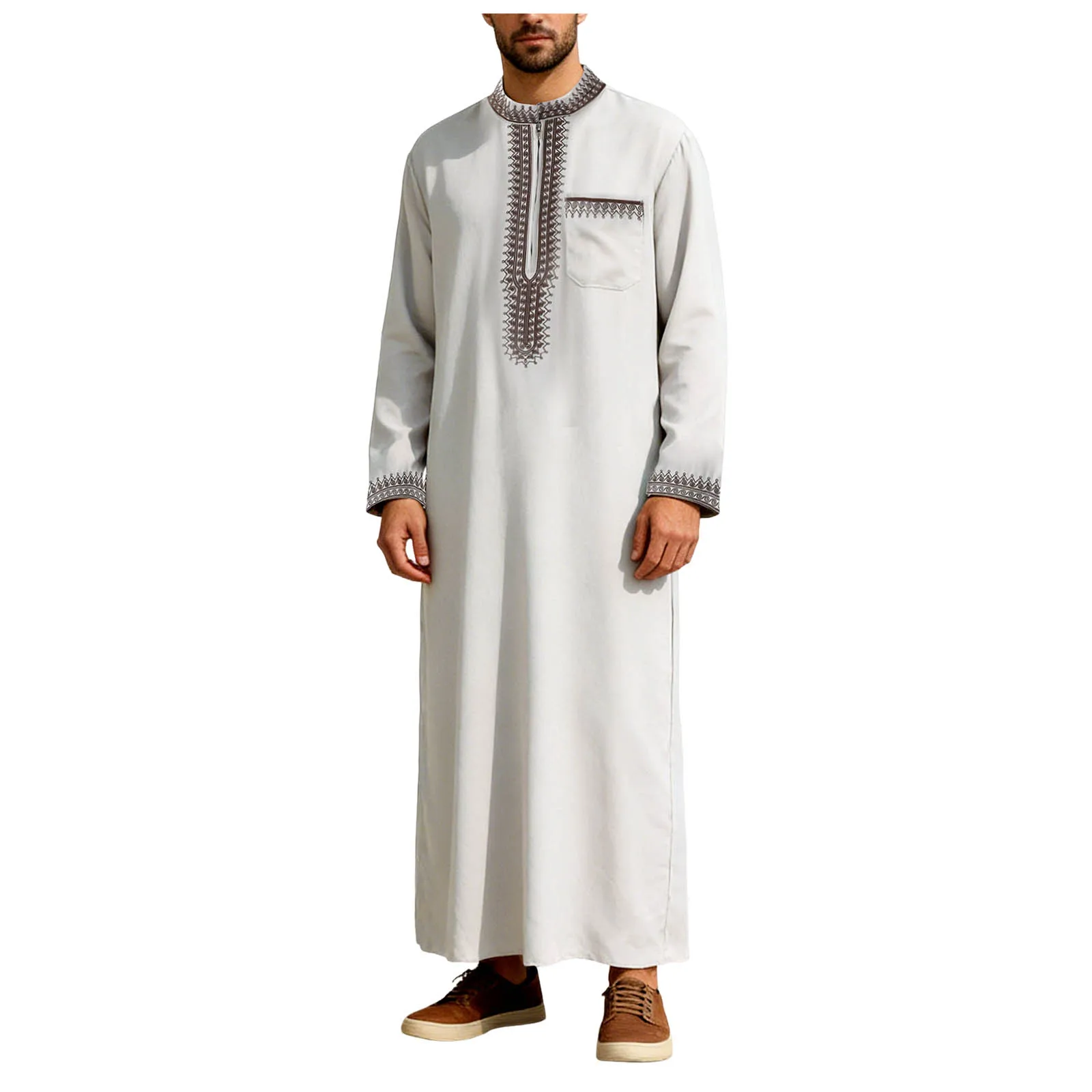 Islamic Muslim Men'S Thobe Long Sleeve Classic Embroidery Robe Arabic Ethnic Style Men'S Casual Formal Robe Prayer Dress