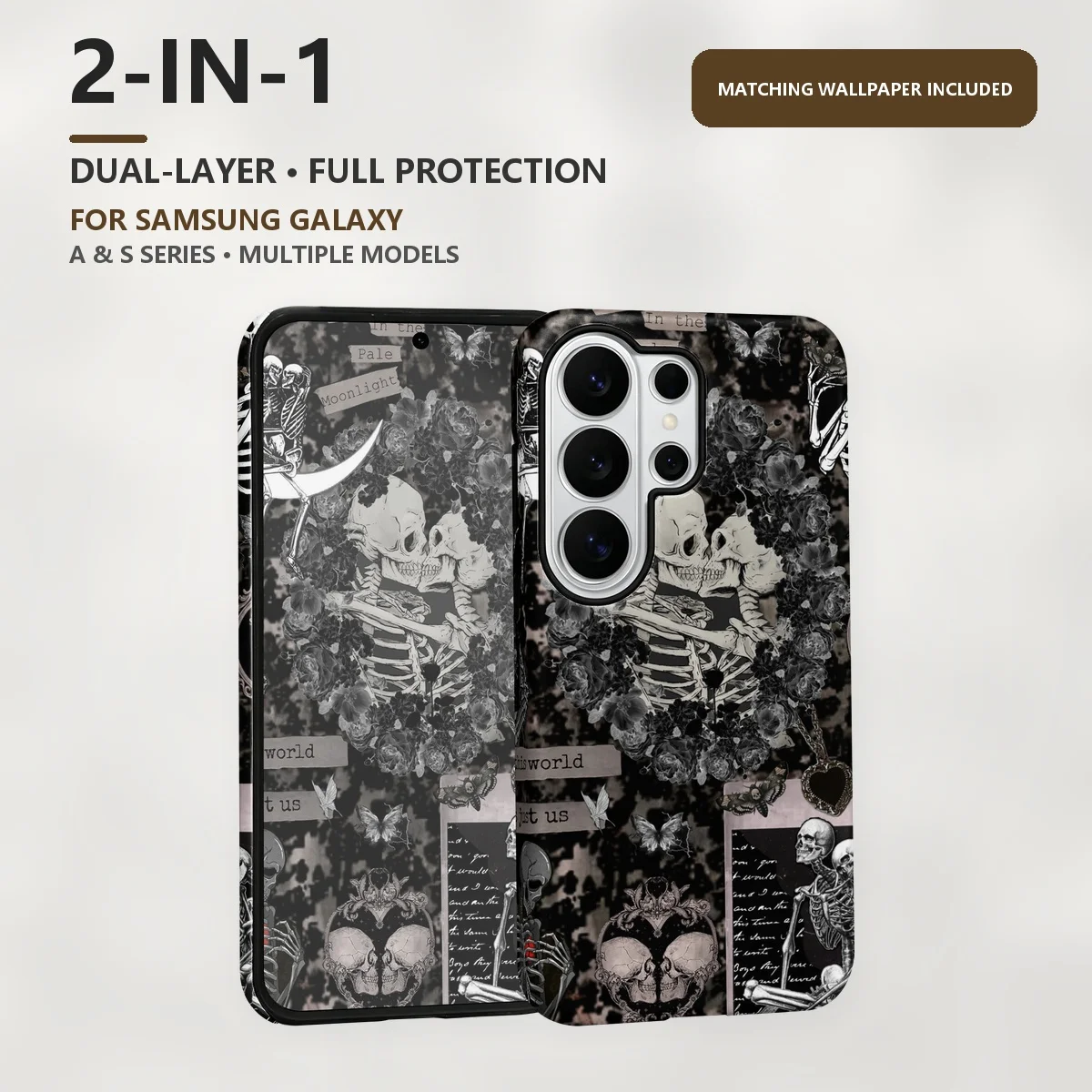 Gothic Skeleton Couple 2-in-1 Dual-Layer Phone Case for Samsung Galaxy S26 S25 S24 Plus Ultra FE S20 FE A56 A17 A16 A15