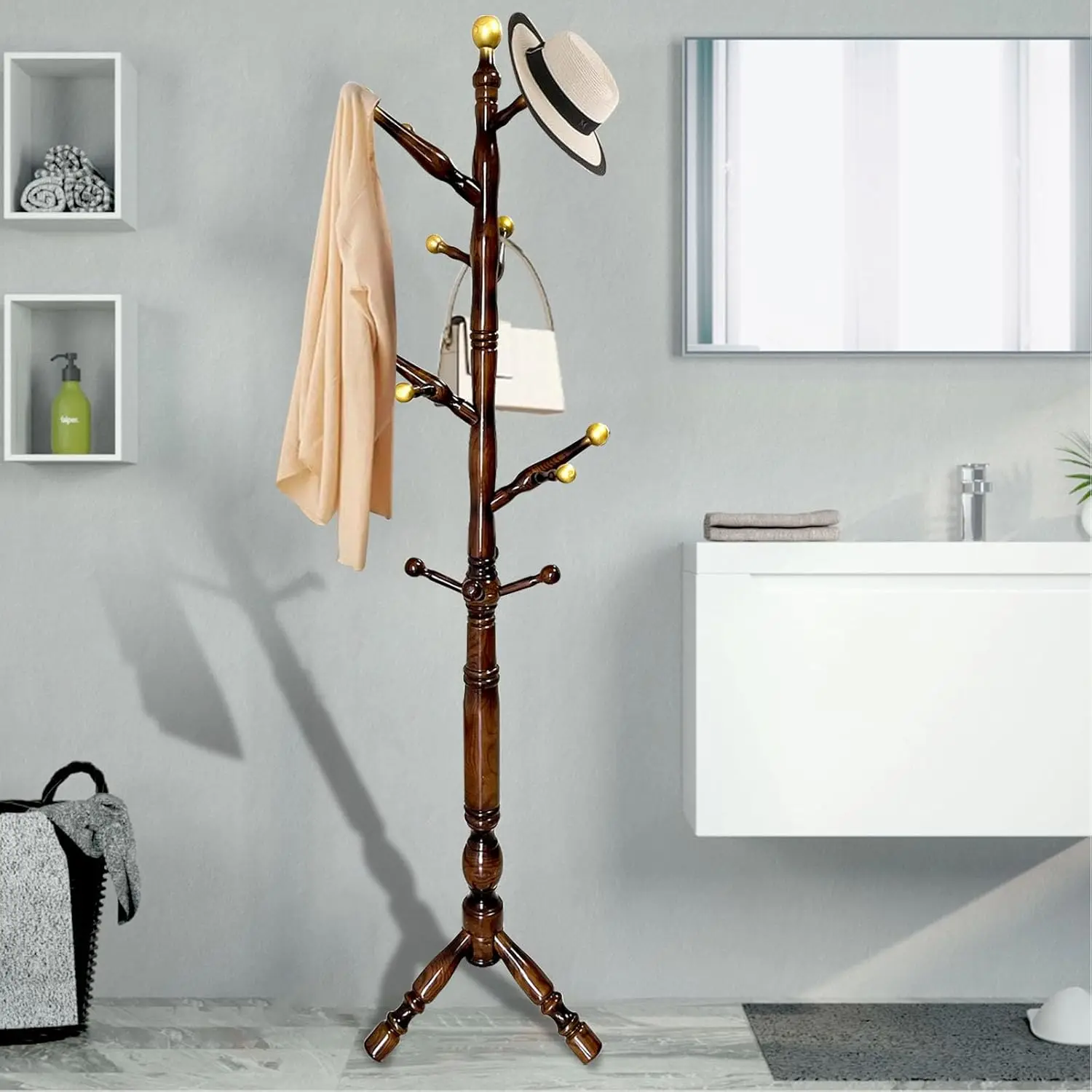 Wood Tree Rack with 14 Hooks, Creative Design Money Tree Branch-look, Coat Tree Coat Rack Stand with Stable Tripod Base for Bedr