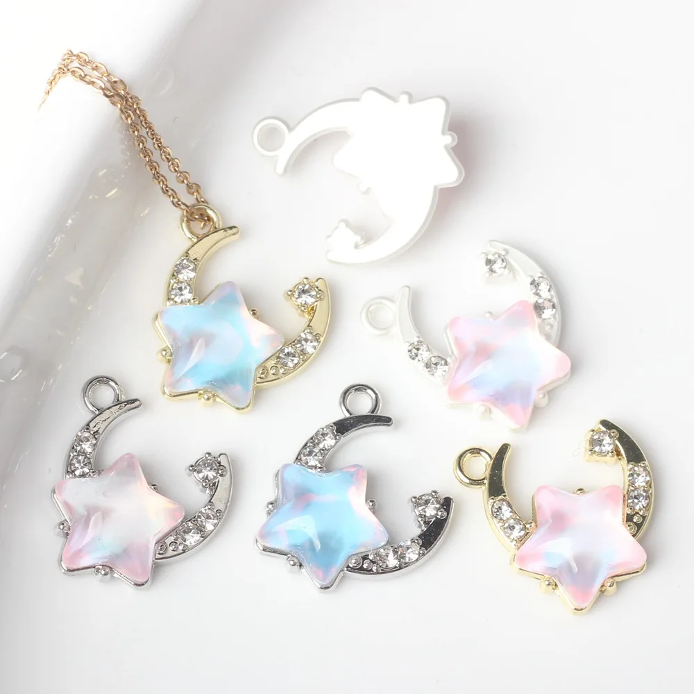 Cute Jelly Stars Paved Crystal Rhinestones Alloy Moon Charms Fit Bracelet Necklace Earring Ornament Accessories 17*15*5mm 30pcs