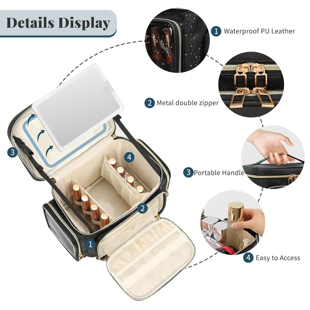 Large LED Mirror Makeup Bag with Brush Compartment, 3 Color Lights, Waterproof Leather Travel Organizer for Women