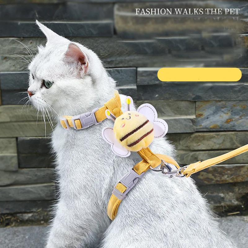 Cat Harness Leash Collar Set Adjustable Cartoon Bee Double Layer Dog Harness for Small Medium Pet Collar Leash Outdoor Walking