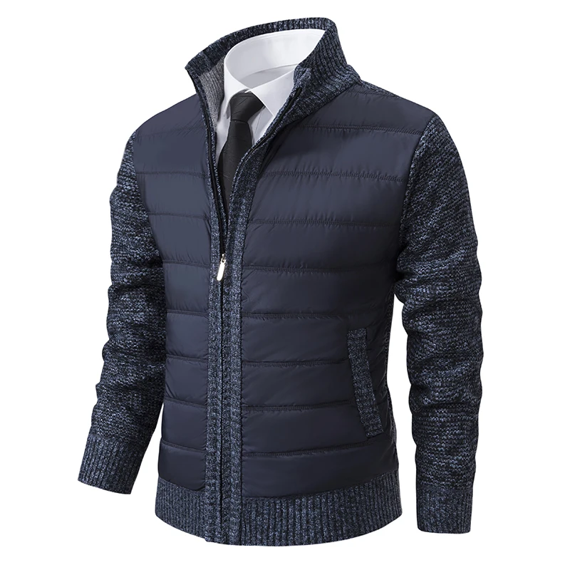 Men's Coat Fleece Cardigan Winter Contrast Colors Patchwork Knittde Sweater Breathable Thicken Warm Stand Collar Casual Jackets