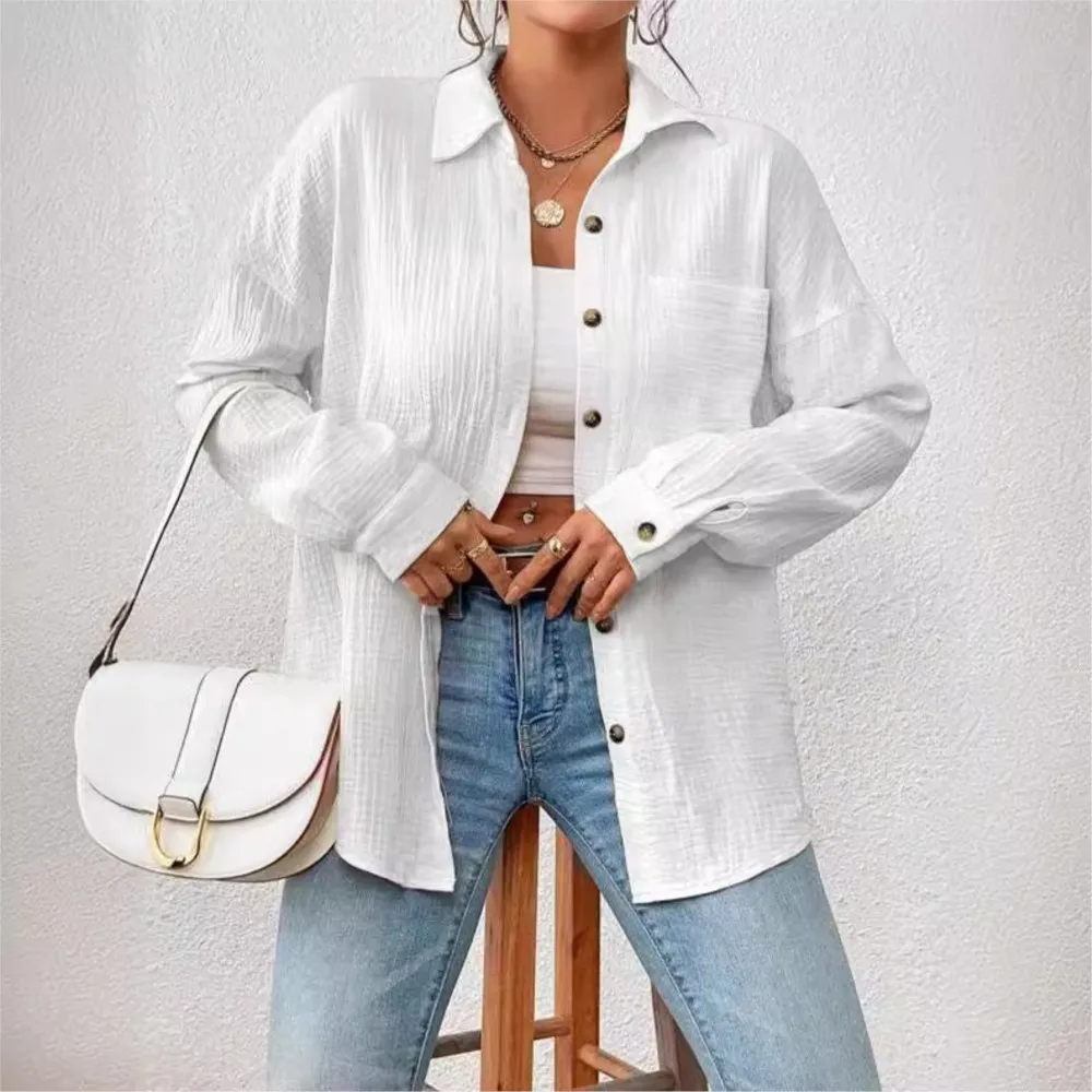 Cotton Gauze Solid Color Women's Shirt Casual Lapel Long Sleeve Button Top Office Elegant Young Women's Shirt Powder Blusher