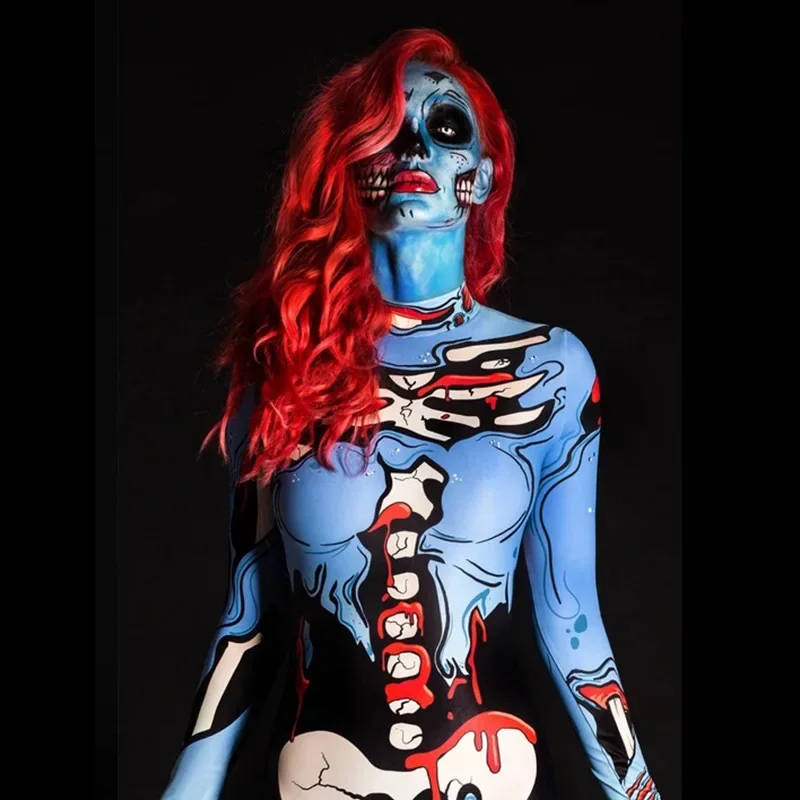 Halloween Party Maskerade Horror 3D Cosplay Kostuum Sexy Bodysuit Zentai Lady Hot Meisjes Vrouwen Skelet Print Jumpsuit Trainingspak