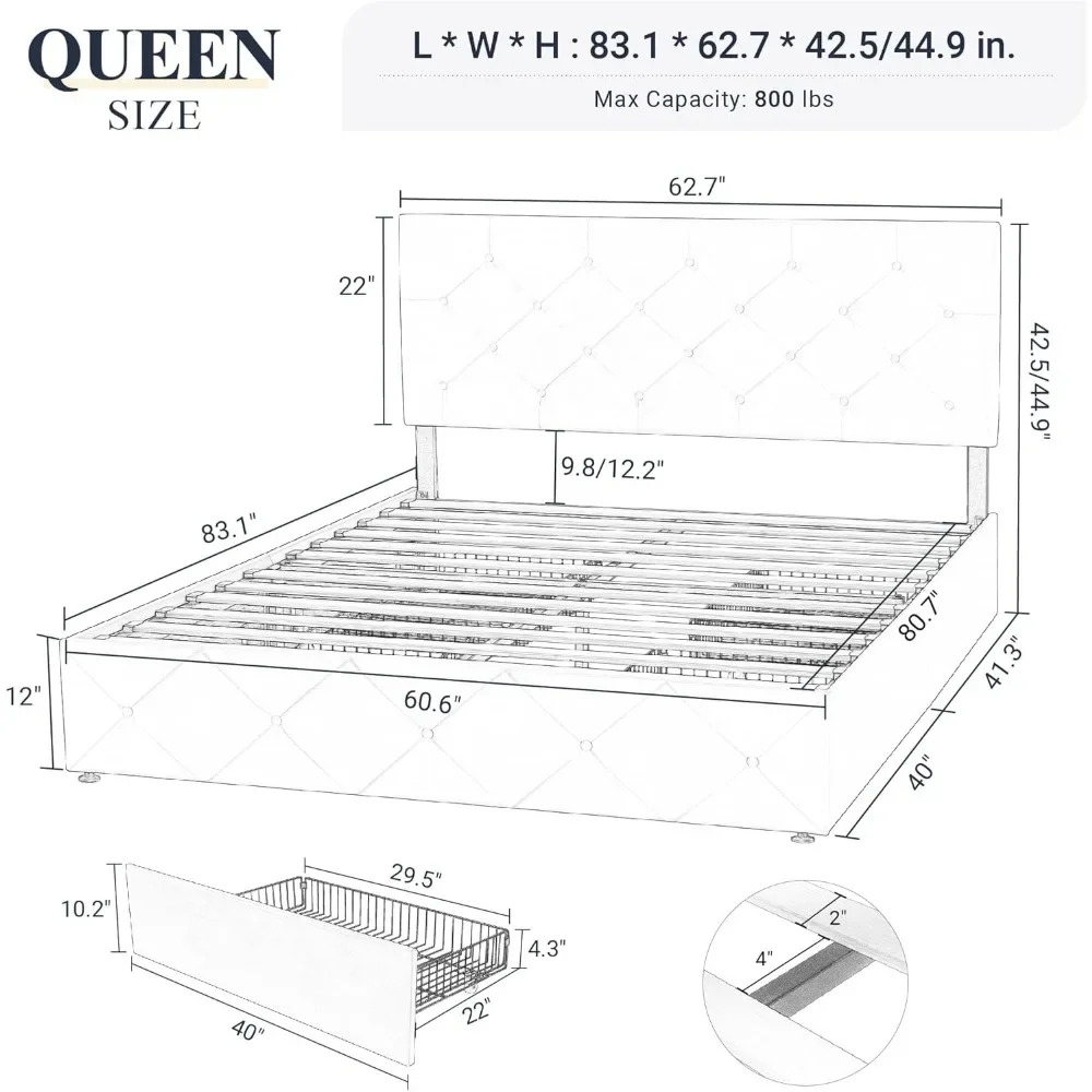 Upholstered Queen Size Platform Bed Frame with 4Storage Drawers and Headboard,Diamond Stitched Button Tufted,Mattress Foundation