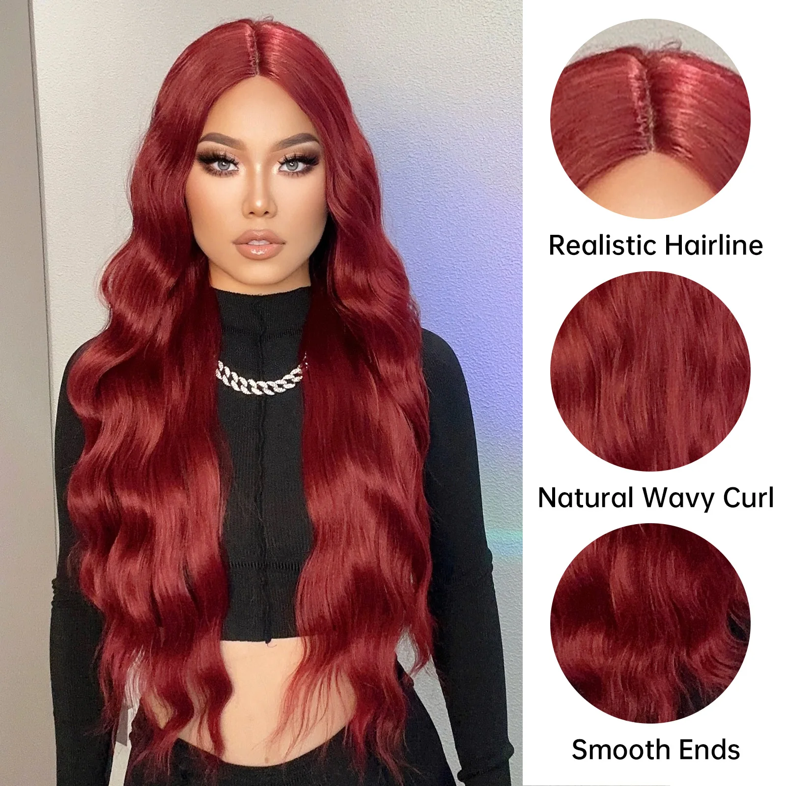 HAIRCUBE Long Wavy Wine Red 13*1 Lace Front Synthetic Wig for Women 28 Inches Natural Lace Hair Halloween Christmas Cosplay Wigs