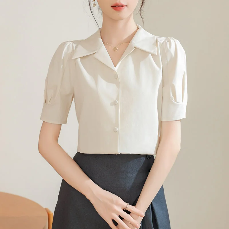 Summer French Solid Folds Short Sleeve Shirt Women Fashion Elegant Korean Version Commuter Clothing Lady Chic All-match Tops