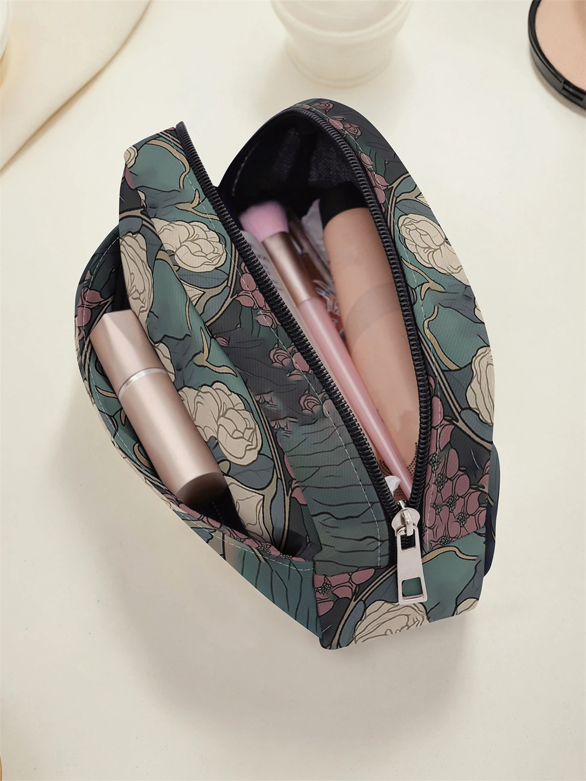 Art Nouveau Schwarze Katze Weißer Blumendruck Kosmetiktasche mit Reißverschluss für Reise-Toilettenartikel-Aufbewahrung – Detail 5