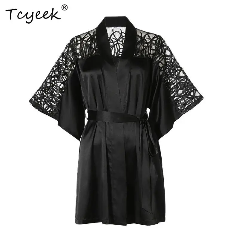 

Tcyeek, 93%Mulberry Silk Sexy Night-robe, Women Short Sleeve Lace, Elegant Wedding Pajamas Robe, 2024 Summer Autumn P47629QM