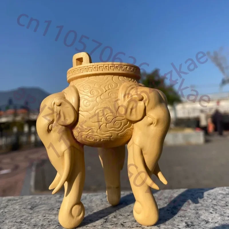 Boxwood Carved Elephant Tripod Incense Burner, Home Entryway Desktop Decor, Housewarming Gift, Practical Elephant Censer