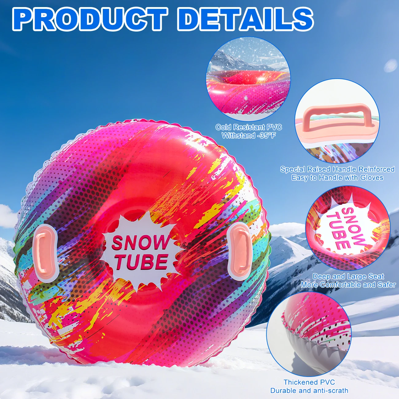1PC Inflatable Snow Sled - Heavy Duty Snow Toboggan with Sturdy Handles for Kids, Teens & Adults