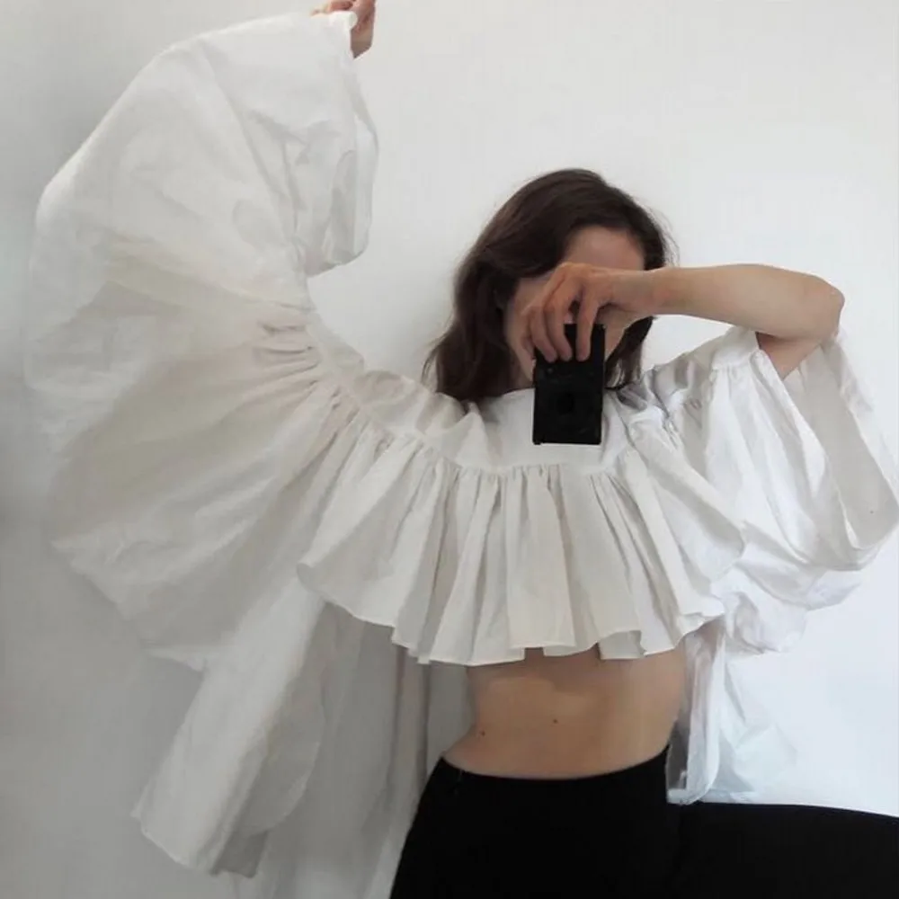 

Stylished White Ruched Asymmetrical Women Top With Oversize Long Puff Sleeves Female Blouse Fashion Top