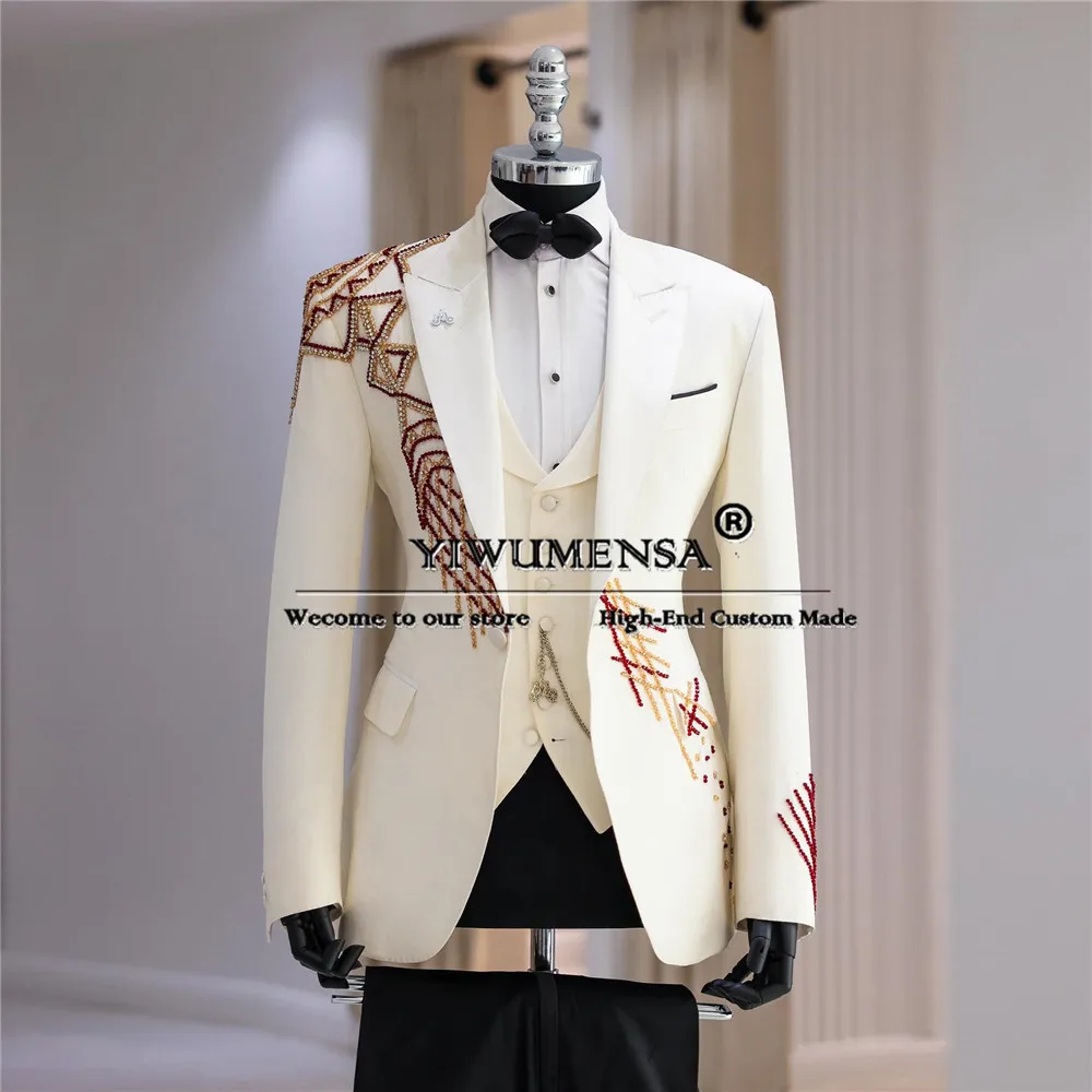 

Handmade Colorful Beaded Suits Men For Wedding Man Formal Party Jacket Vest Pants 3 Piece Groom Tuxedo Traje De Hombre Elegante