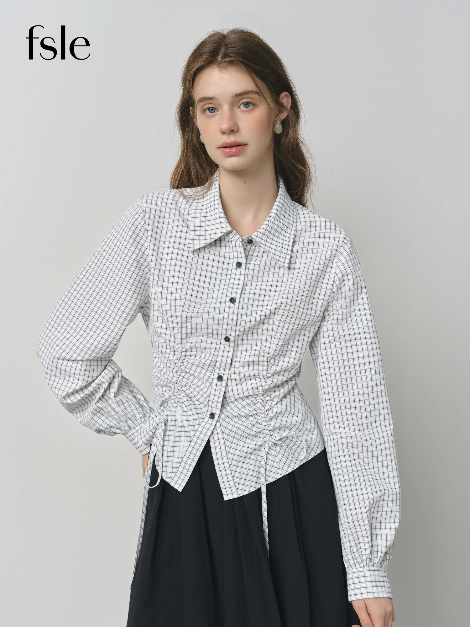 

​FSLE Autumn 2025 Women's Plaid Long Sleeve Shirt - Preppy Style Waist Tie Drawstring Adjustable Fit Casual Blouse Tunic Top​