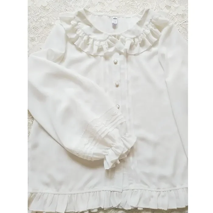 Long Lantern Sleeve Lolita Blouse Chiffon Peter Pan Collar White Shirt