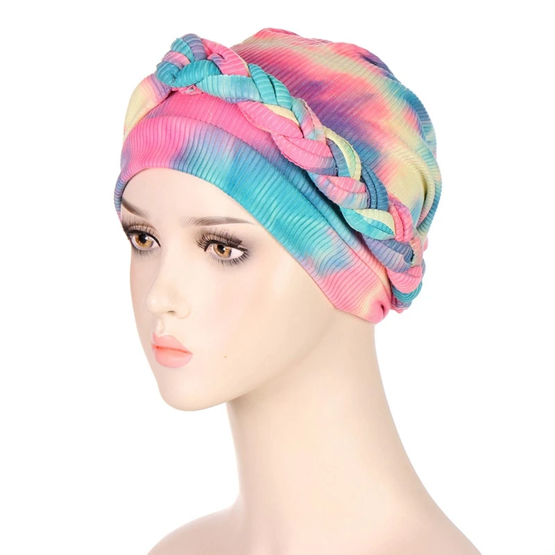 

Tie Dyed Turban Cap Muslim Women Hijab Chemo Hat Braid Headscarf Beanie Bonnet Canner Islamic Headwear Wrap Hair Loss Cover