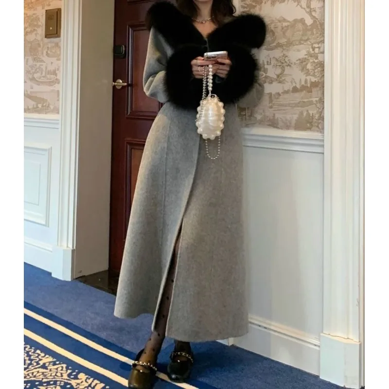 الكورية هيبورن كسول مزاجه معطف صوفي طويل جو الرجعية فضفاضة ورقيقة معطف الصوف المرأة #3
