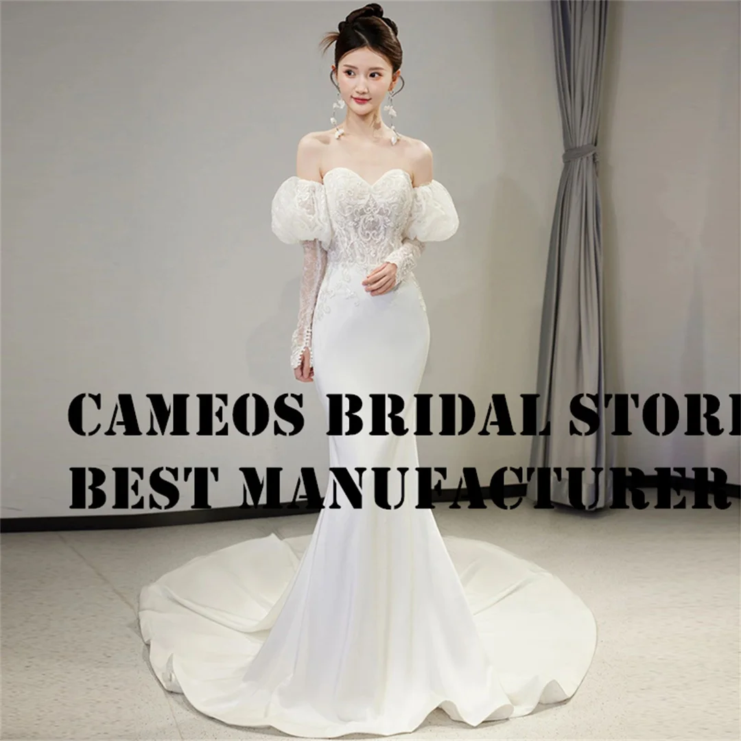 

SONDR Custom Made Luxury Wedding Dresses Sweetheart Mermaid High End Puff Sleeves Satin Brides Gowns Ivory Women Bridal Dresses