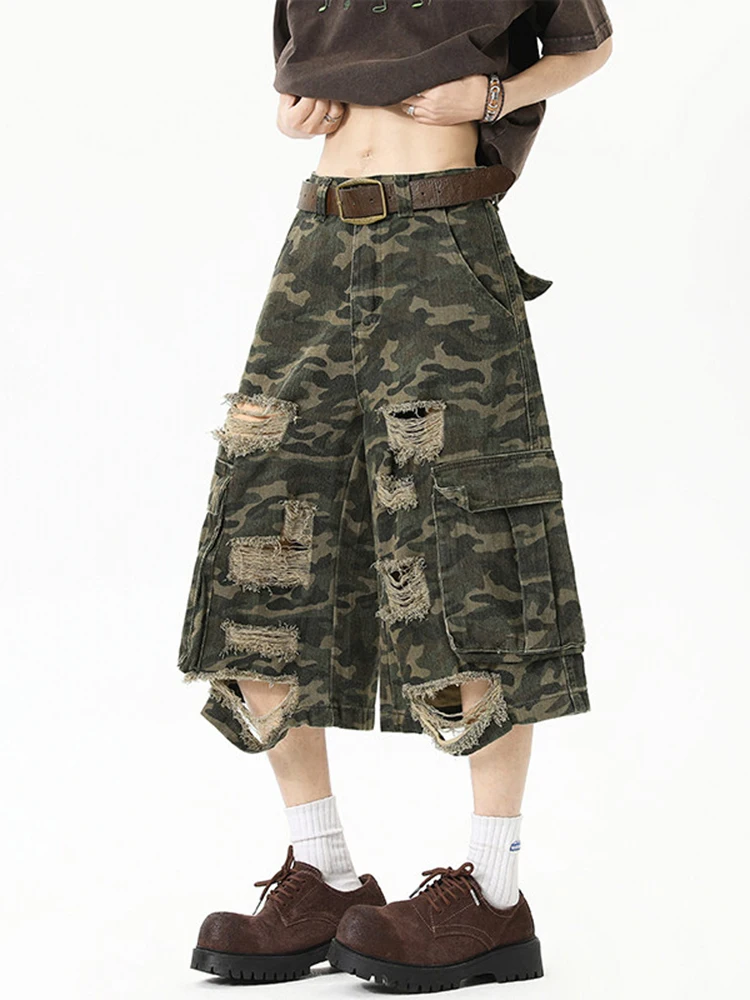 

American High Street Camouflage Ripped Workwear Shorts Men Summer New Trendy Brand Hip Hop Loose Straight Leg Wide Leg Seven ...