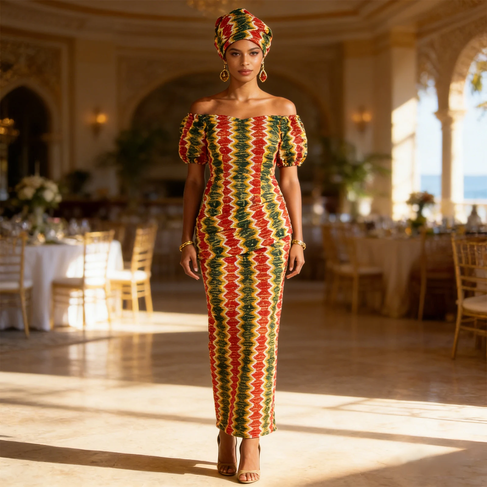 African Party Dresses for Women Off Shoulder Folds Women Maxi Dress with Headscarf and Earrings Traditional Wedding 2525052