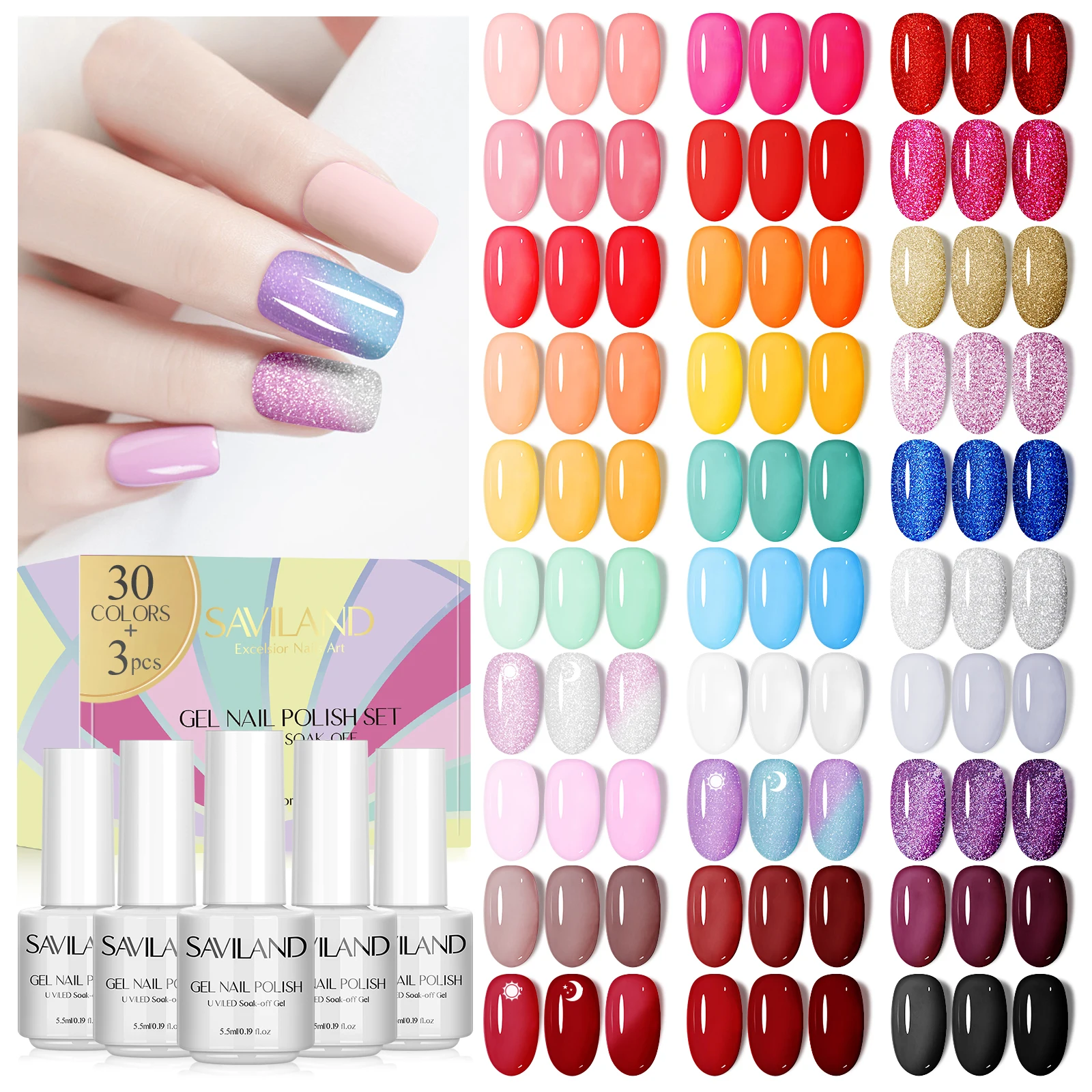 SAVILAND 33pcs Nail Gel Polish Kit White Red Pink Glitter Gel Polish Semi Permanent Base Top Coat Nail Art Salon for Home