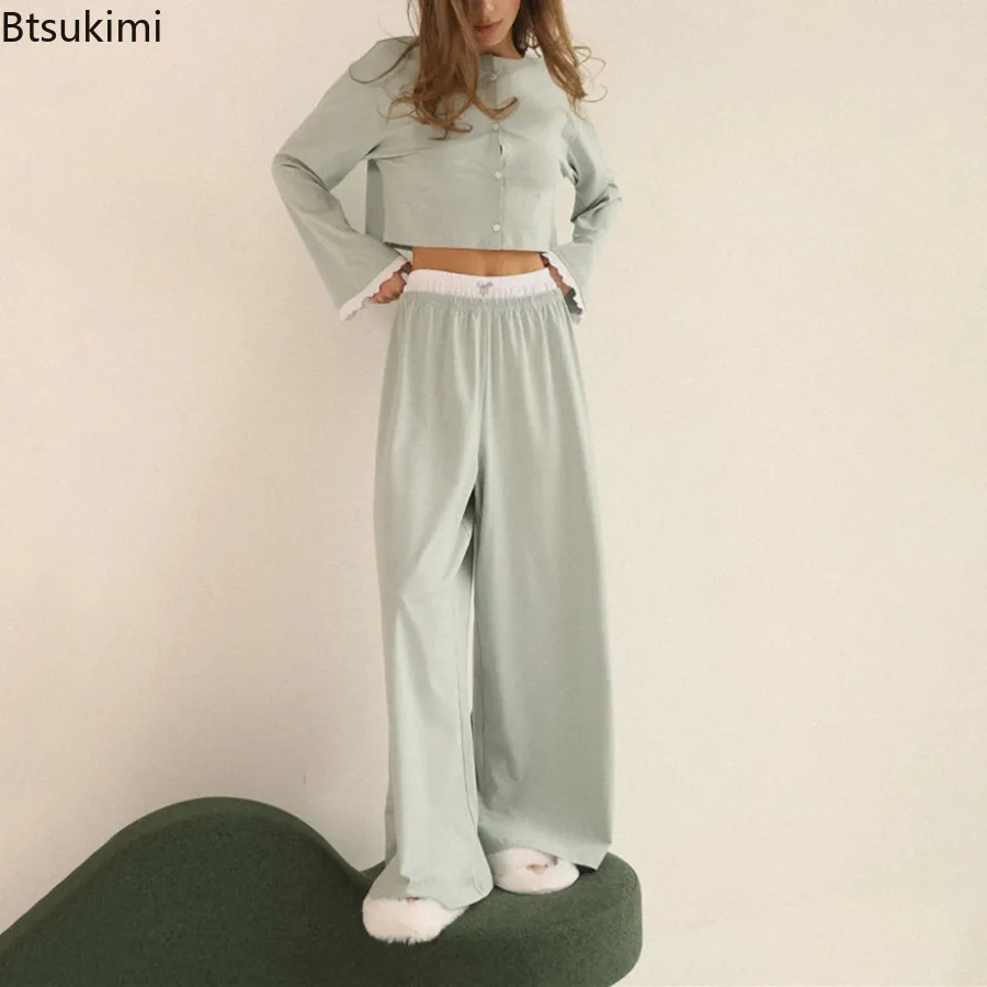 New 2026 Spring Women's Cotton Cardigan Pajama Home Wear Fake Two-piece Long Sleeved Long Pants Solid Color Pajama Set for Women