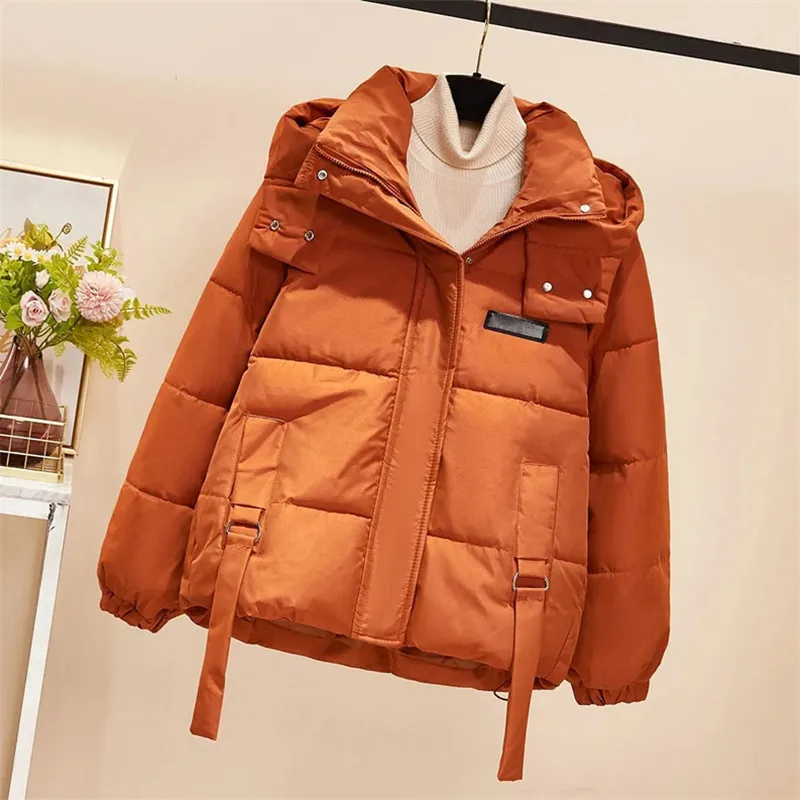 الكورية أسفل القطن وسادة مبطنة المرأة 2025 شتاء جديد قصير مبطن الدافئة سترات معطف عادية فضفاض هوديي ملابس خارجية الإناث #3