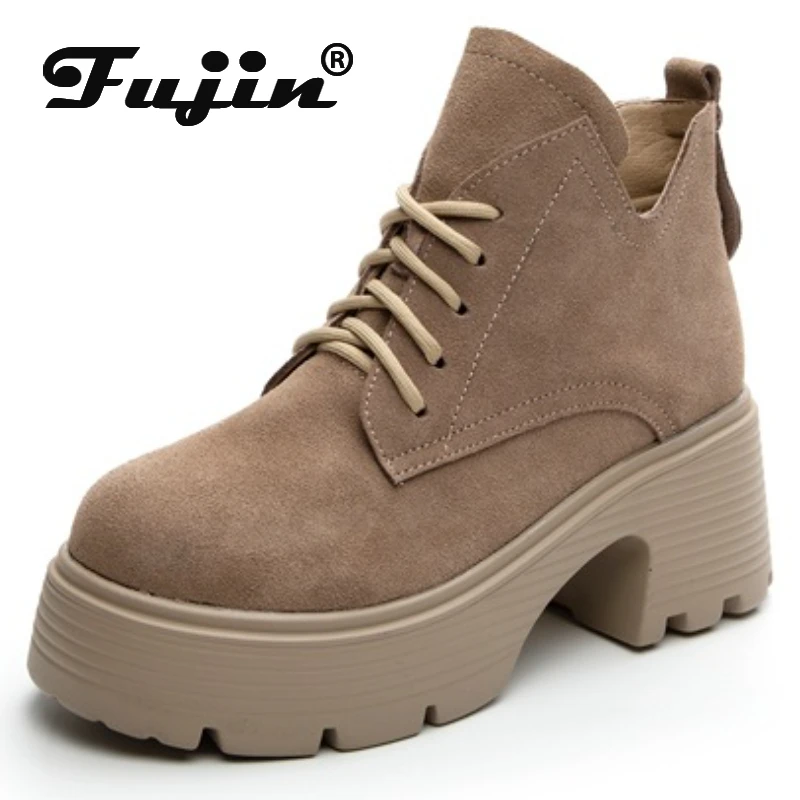 Fujin 7cm Synthetic Stretch Fabric Suede Genuine Leather Ankle Boots Wedge Flats Comfy Spring Women Loafer Autumn Platform Shoes