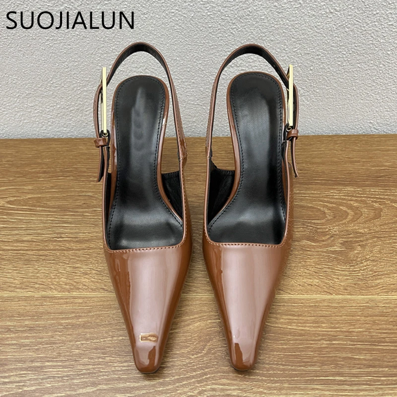 SUOJIALUN Spring New Brand Women Sandal Fashion Pointed Toe Shallow Slip On Slingback Shoes Thin High Heel Outdoor Dress Pumps