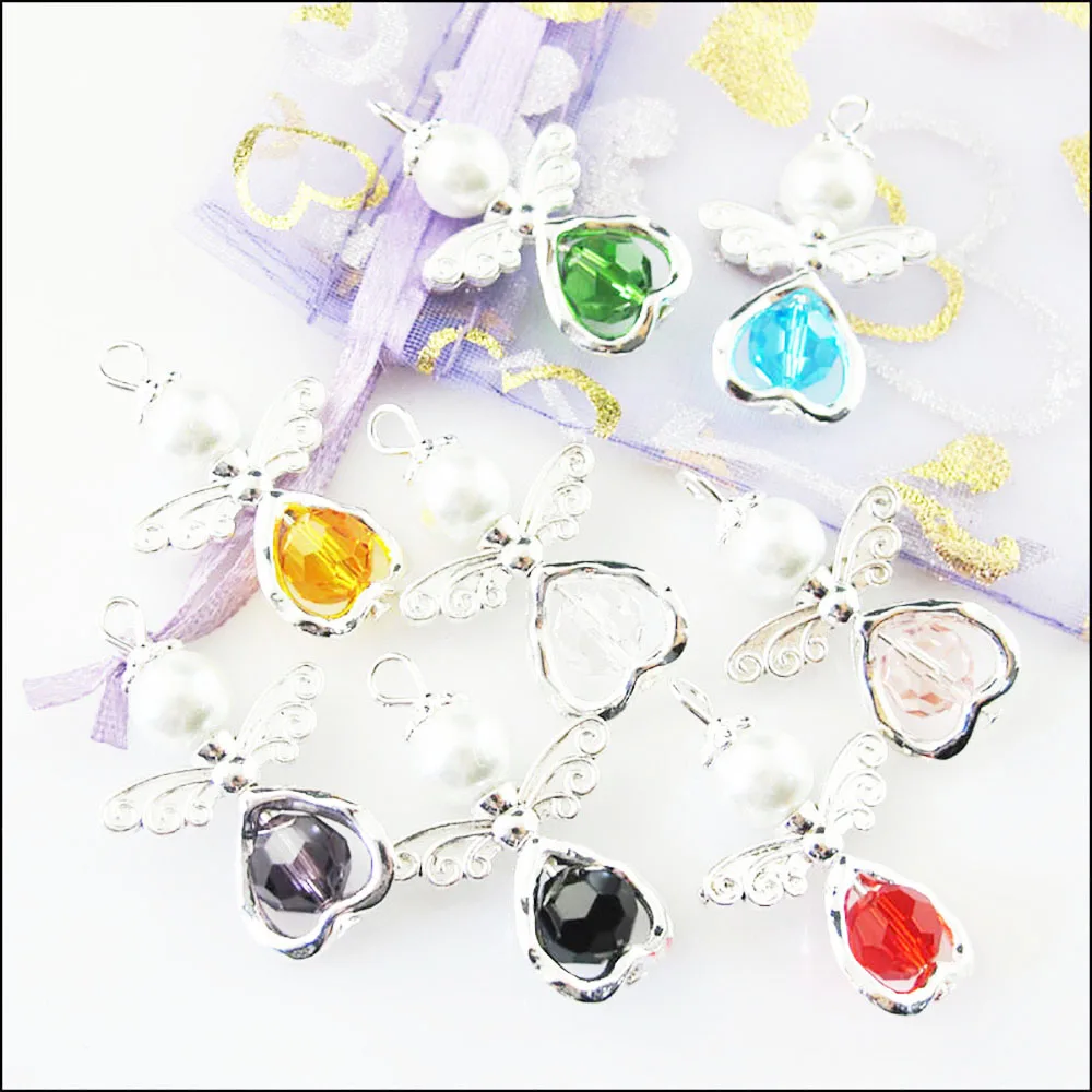 8Pcs New Charms  Tibetan Silver Color Mixed Crystal Acrylic Angel Wings Pendants DIY J049