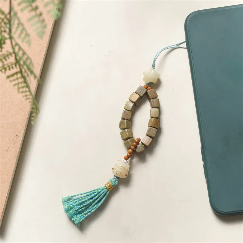 Natural Green Sandalwood Pendant Square Sugar Bead Bracelet Hand String Bodhi Lucky Cat Pendant Wooden Beaded Mobile Phone Chain