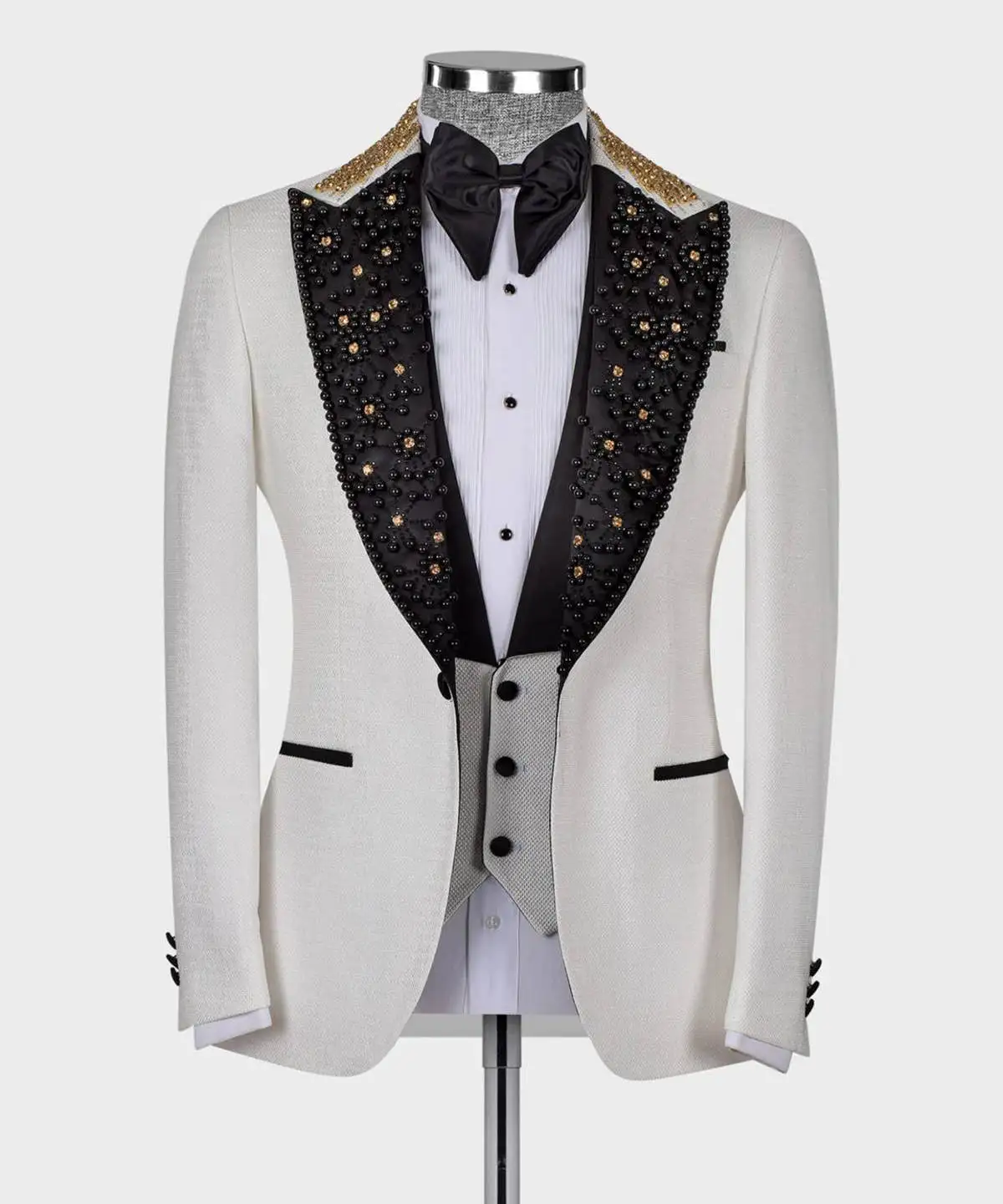 Luxury Pearls Men Suits Set Wedding Tuxedo 2 Pieces Blazer Pants Custom Made Prom Dress Male White Party Coat Jacket