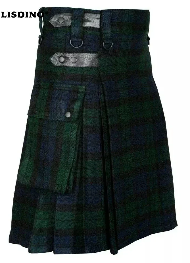

LisdinoHigh Quality Fashion Men Cool Pocket Kilts Solid Color Gothic Kilt Vintage Warrior Cargo Kilt Metal Belt Pleated Skirt